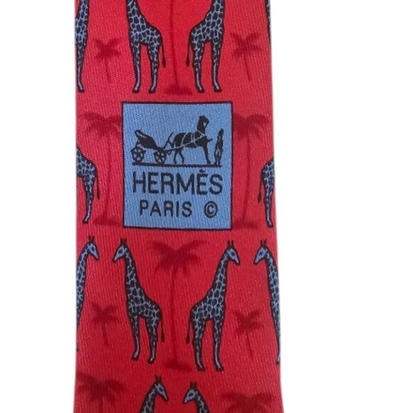 100% REAL HERMES SILK TIE ~ Red with Blue Giraffe - Picture 7 of 7